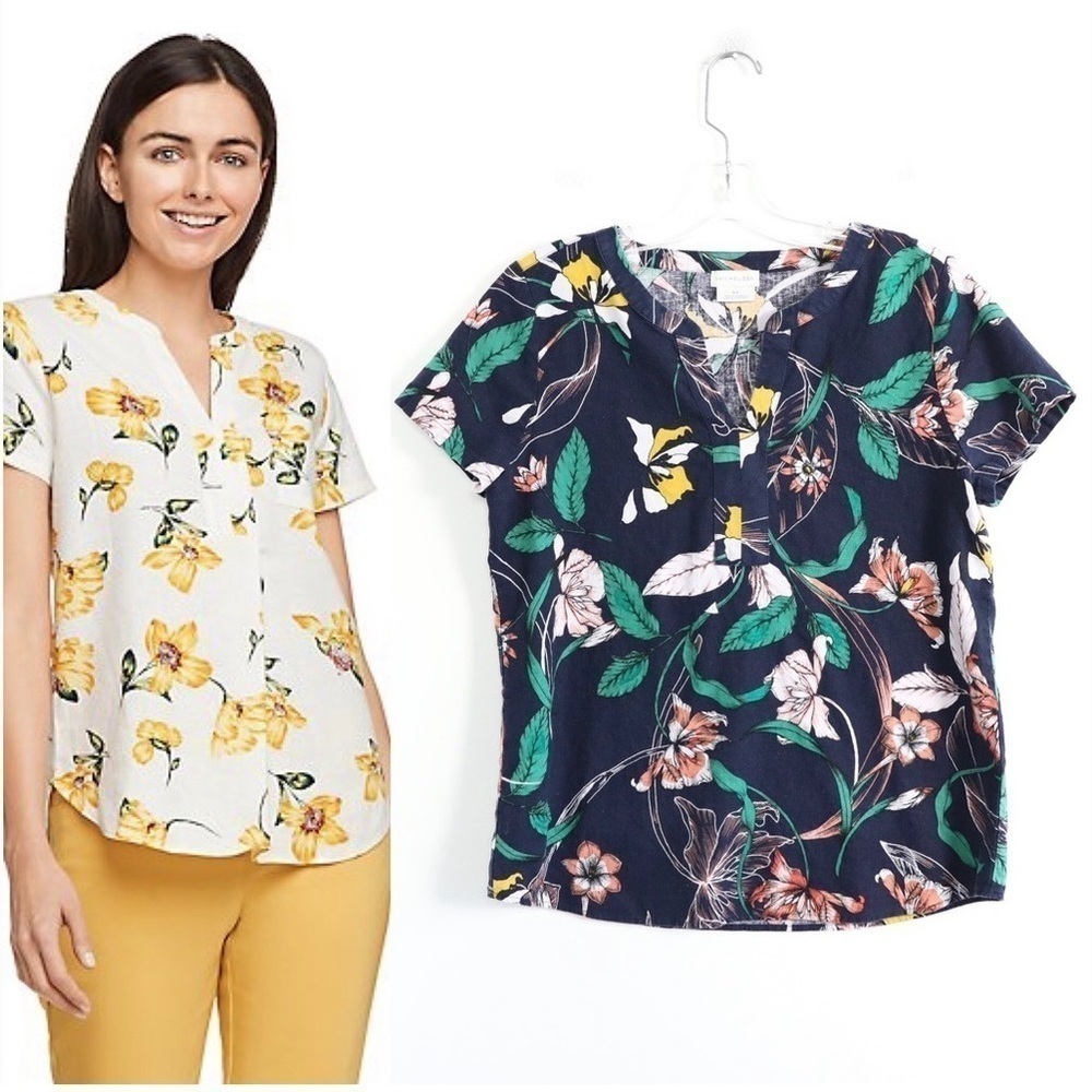 Van Heusen blouse split neck floral print linen blend top summer spring light